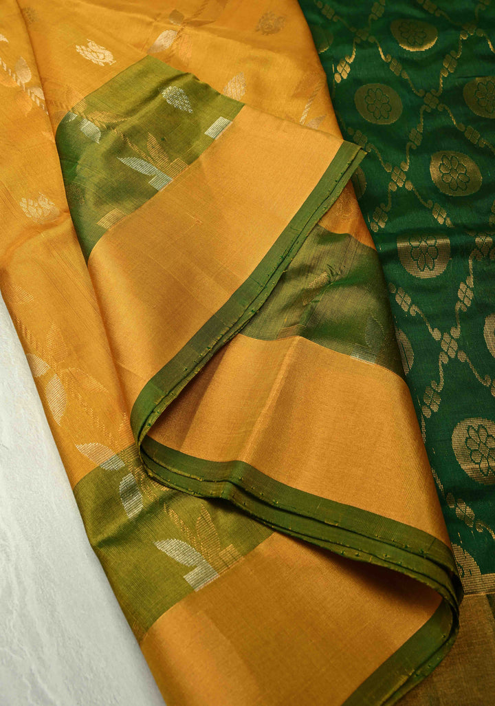 Mustard Yellow Sona Rupa Buttas-Stripes on Uppada Handloom Silk Saree with Panel and Muted Tissue Zari Border| SILK MARK CERTIFIED
