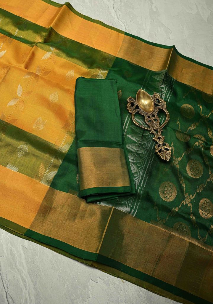 Mustard Yellow Sona Rupa Buttas-Stripes on Uppada Handloom Silk Saree with Panel and Muted Tissue Zari Border| SILK MARK CERTIFIED