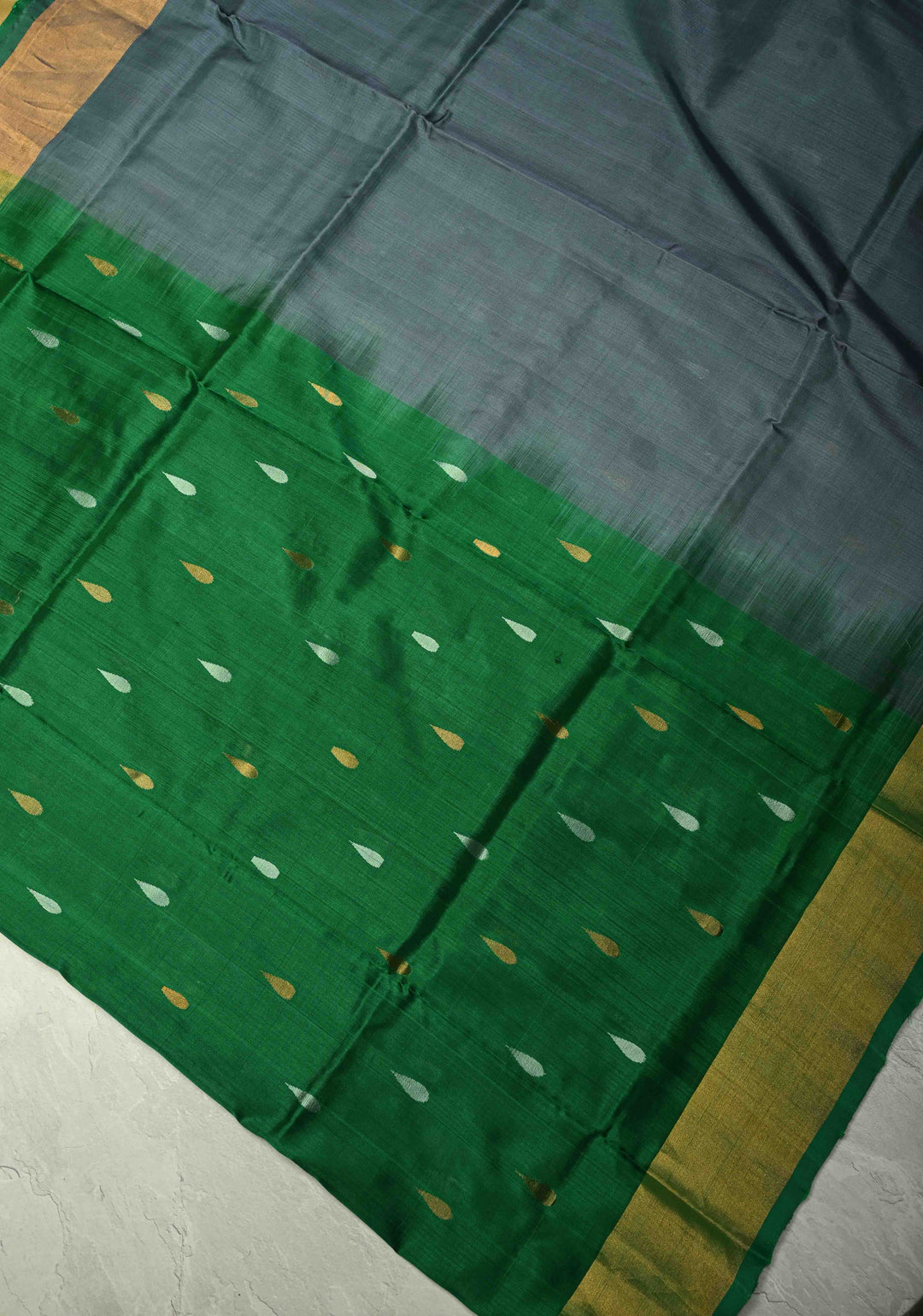 Patli Pallu Gray-Green Uppada Handloom Silk Half-Half Saree with Sona Rupa Buttas and Tissue Border  | SILK MARK CERTIFIED