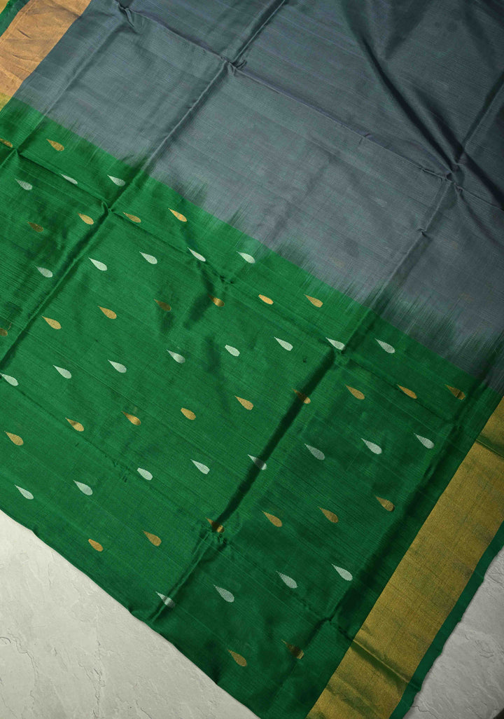 Patli Pallu Gray-Green Uppada Handloom Silk Half-Half Saree with Sona Rupa Buttas and Tissue Border  | SILK MARK CERTIFIED