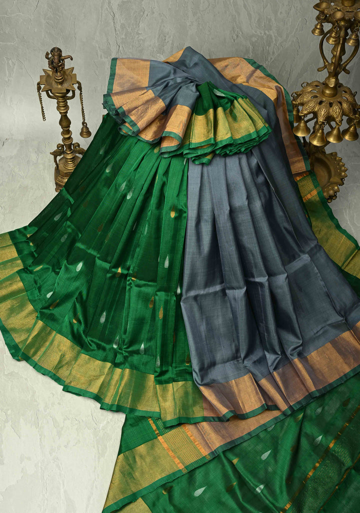 Patli Pallu Gray-Green Uppada Handloom Silk Half-Half Saree with Sona Rupa Buttas and Tissue Border  | SILK MARK CERTIFIED