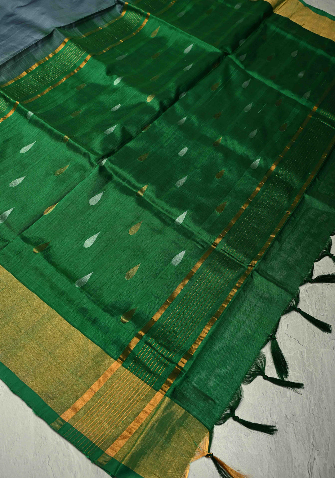 Patli Pallu Gray-Green Uppada Handloom Silk Half-Half Saree with Sona Rupa Buttas and Tissue Border  | SILK MARK CERTIFIED