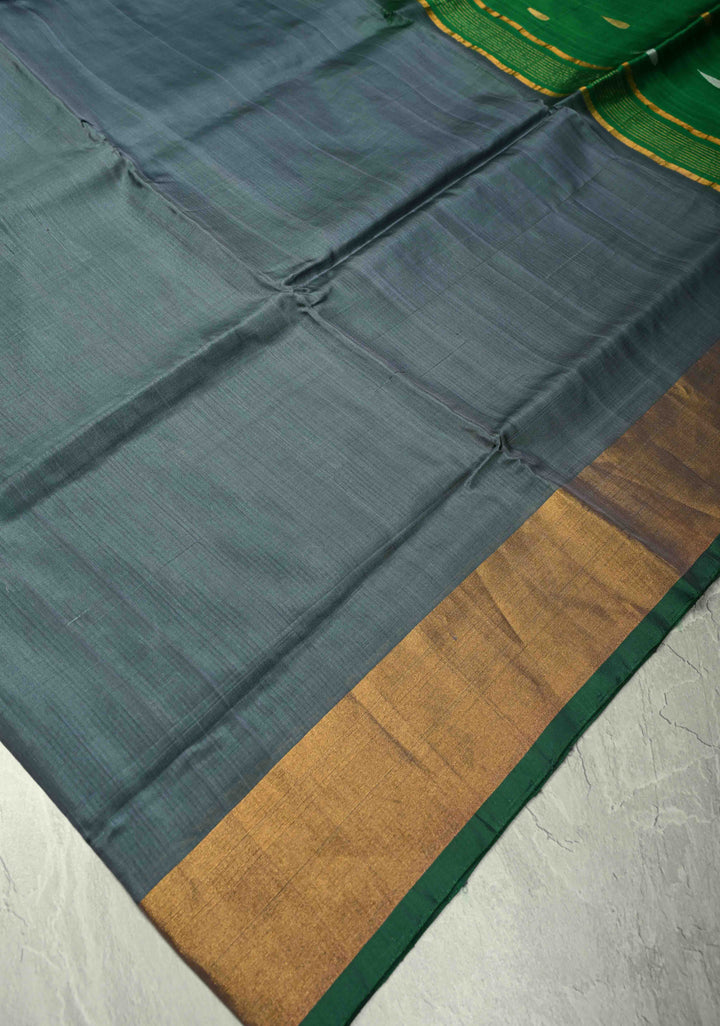 Patli Pallu Gray-Green Uppada Handloom Silk Half-Half Saree with Sona Rupa Buttas and Tissue Border  | SILK MARK CERTIFIED