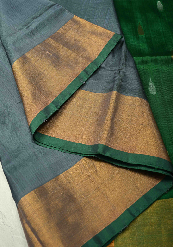 Patli Pallu Gray-Green Uppada Handloom Silk Half-Half Saree with Sona Rupa Buttas and Tissue Border  | SILK MARK CERTIFIED