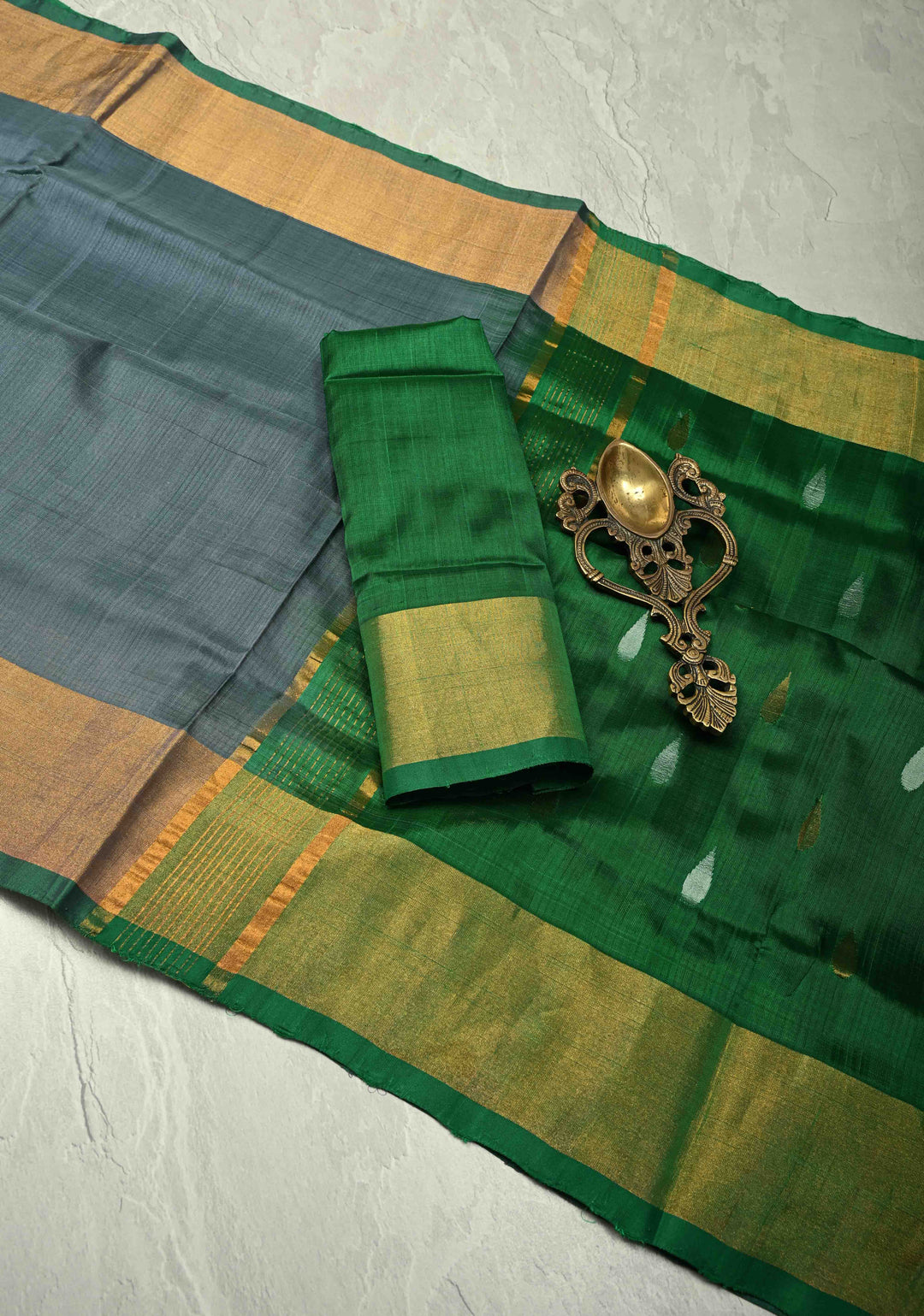 Patli Pallu Gray-Green Uppada Handloom Silk Half-Half Saree with Sona Rupa Buttas and Tissue Border  | SILK MARK CERTIFIED