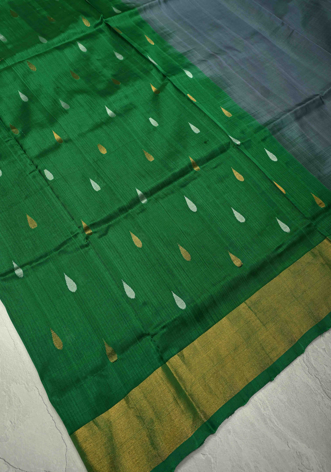 Patli Pallu Gray-Green Uppada Handloom Silk Half-Half Saree with Sona Rupa Buttas and Tissue Border  | SILK MARK CERTIFIED