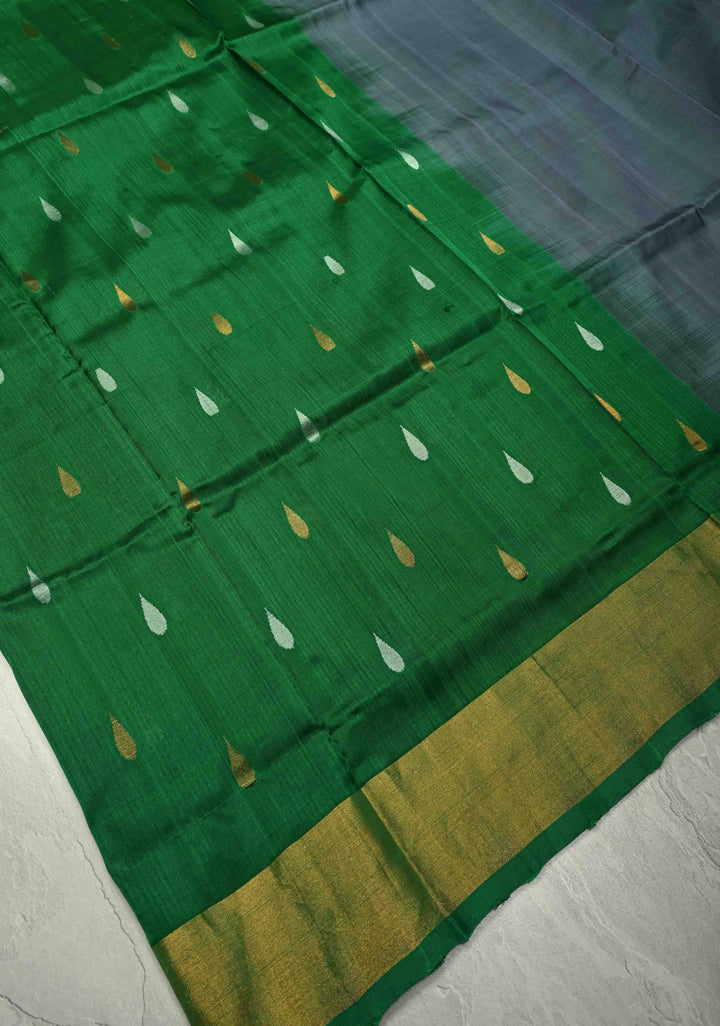 Patli Pallu Gray-Green Uppada Handloom Silk Half-Half Saree with Sona Rupa Buttas and Tissue Border  | SILK MARK CERTIFIED