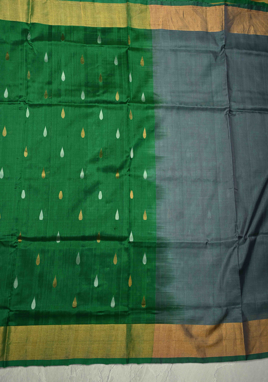 Patli Pallu Gray-Green Uppada Handloom Silk Half-Half Saree with Sona Rupa Buttas and Tissue Border  | SILK MARK CERTIFIED