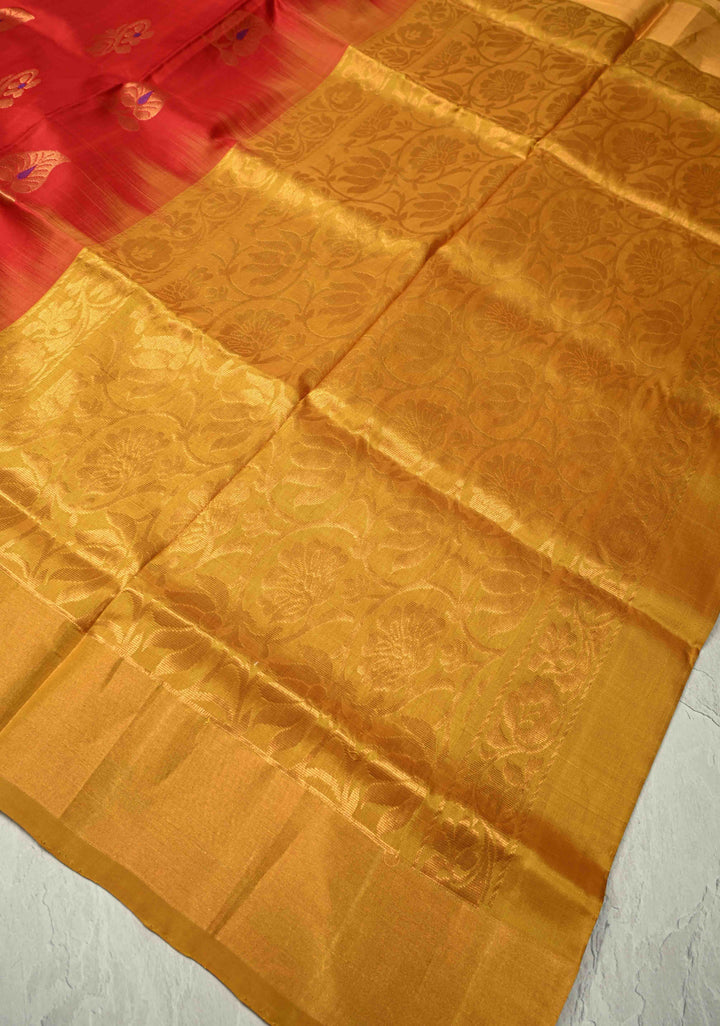 Scarlet Red Meenakari Buttas on Uppada Handloom Silk Saree with Panel and Muted Tissue Zari Border| SILK MARK CERTIFIED