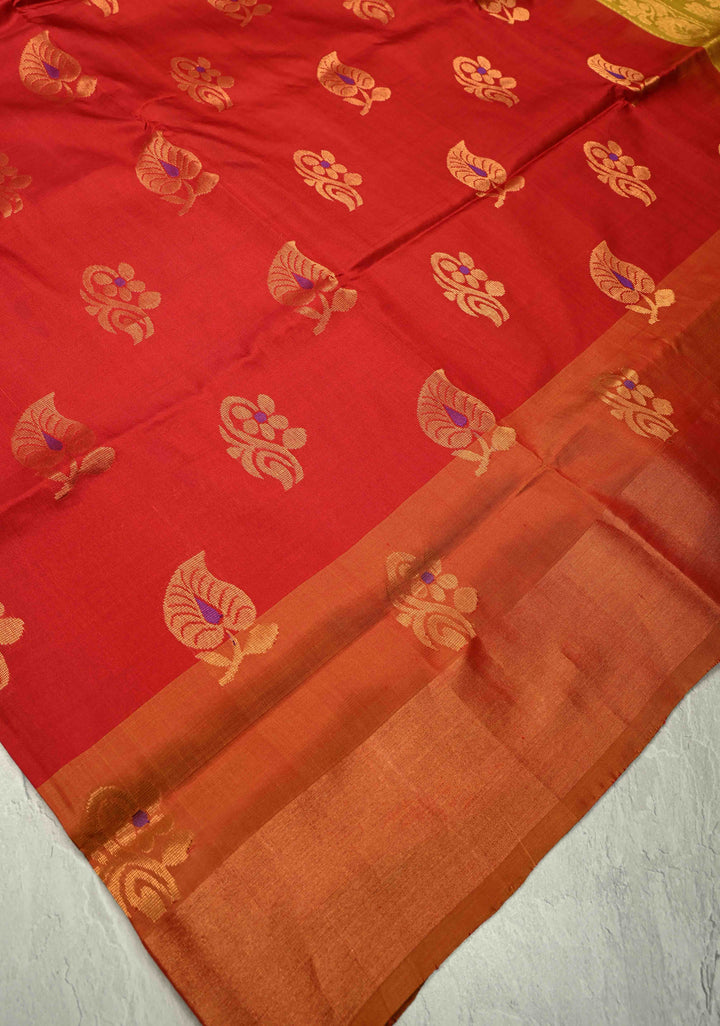Scarlet Red Meenakari Buttas on Uppada Handloom Silk Saree with Panel and Muted Tissue Zari Border| SILK MARK CERTIFIED