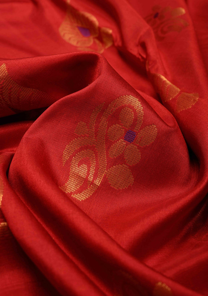 Scarlet Red Meenakari Buttas on Uppada Handloom Silk Saree with Panel and Muted Tissue Zari Border| SILK MARK CERTIFIED