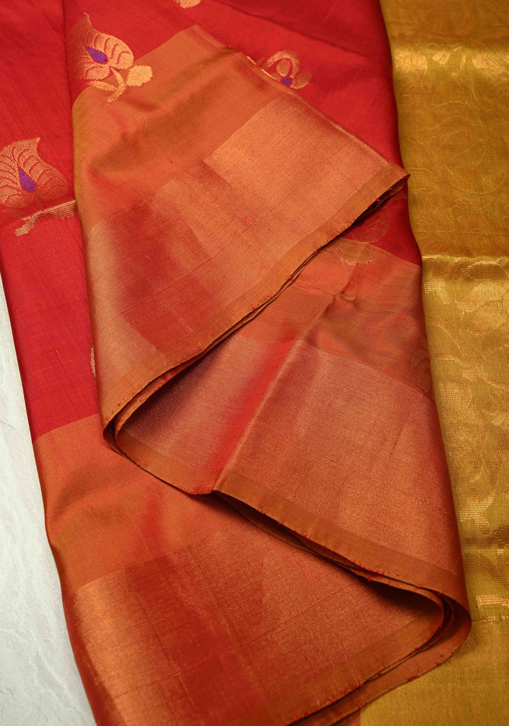Scarlet Red Meenakari Buttas on Uppada Handloom Silk Saree with Panel and Muted Tissue Zari Border| SILK MARK CERTIFIED