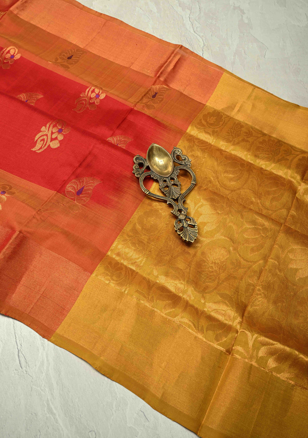 Scarlet Red Meenakari Buttas on Uppada Handloom Silk Saree with Panel and Muted Tissue Zari Border| SILK MARK CERTIFIED