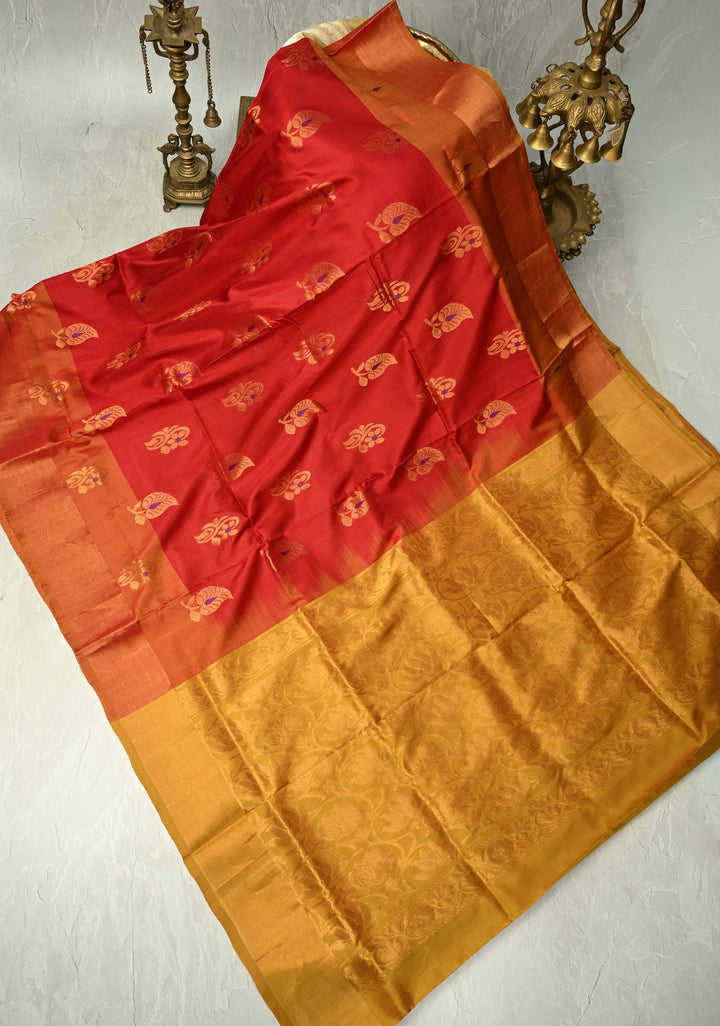Scarlet Red Meenakari Buttas on Uppada Handloom Silk Saree with Panel and Muted Tissue Zari Border| SILK MARK CERTIFIED