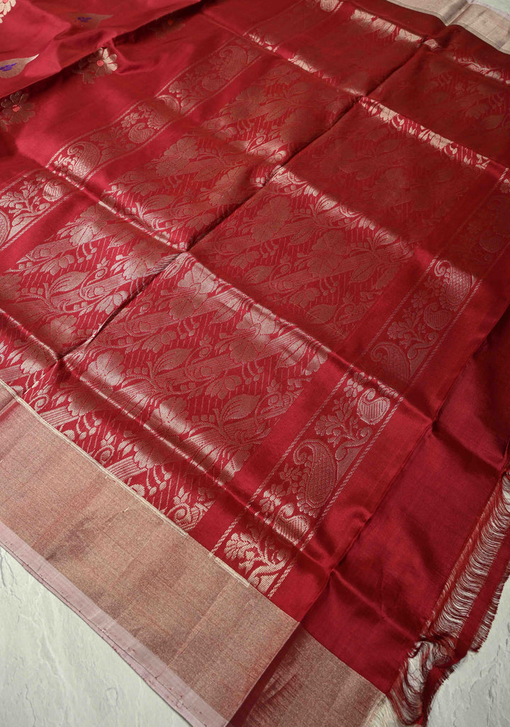 Maroon Uppada Handloom Silk Saree with Meenakari Buttas and Muted Tissue Zari Border | SILK MARK CERTIFIED