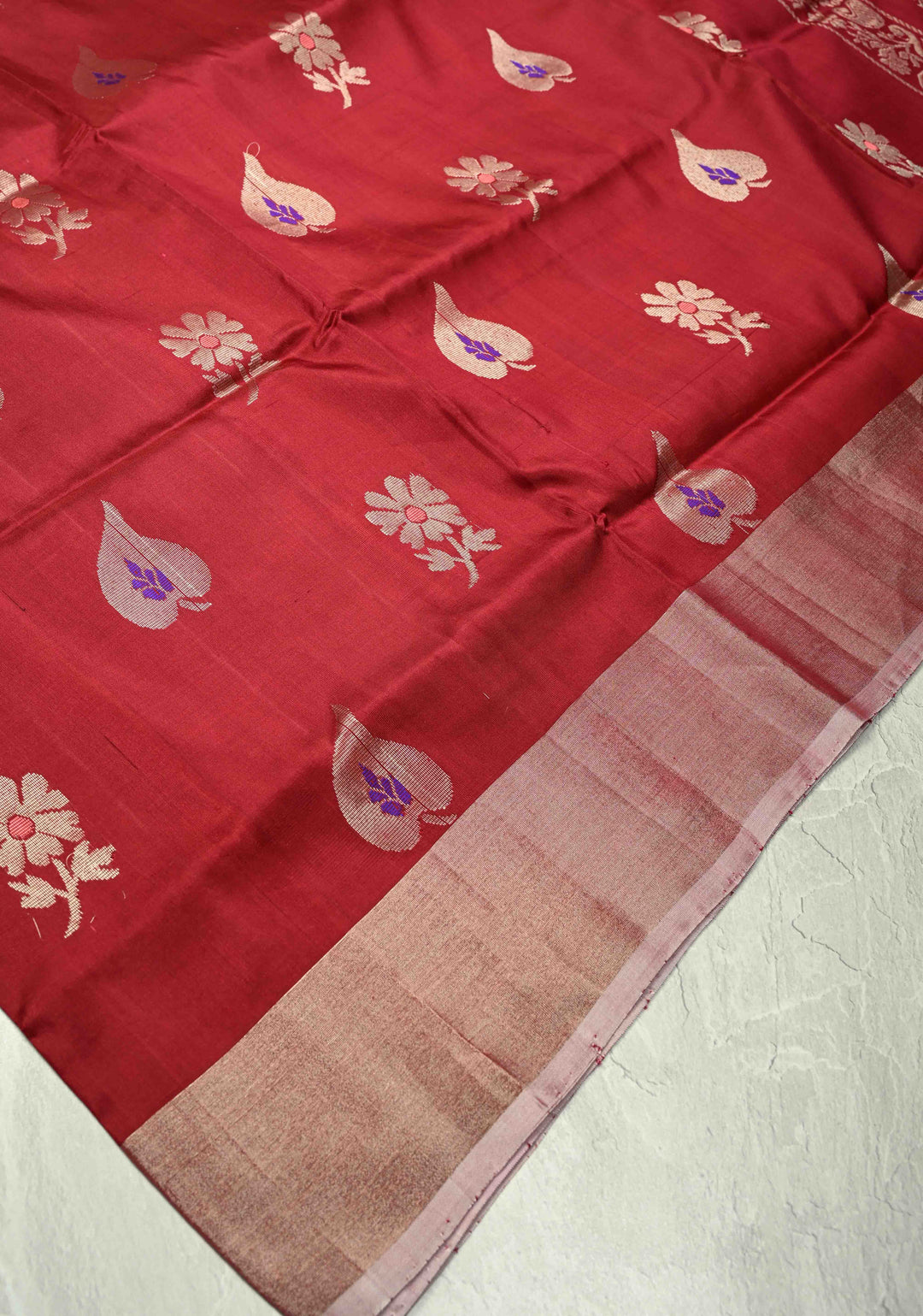 Maroon Uppada Handloom Silk Saree with Meenakari Buttas and Muted Tissue Zari Border | SILK MARK CERTIFIED