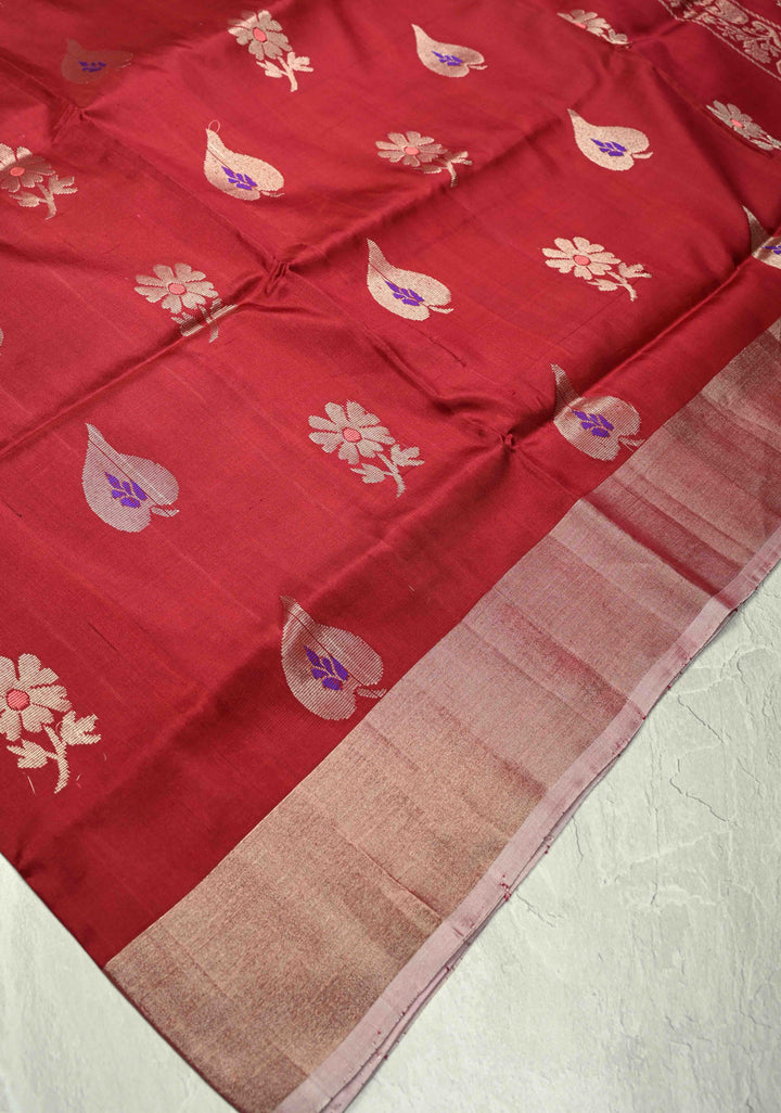 Maroon Uppada Handloom Silk Saree with Meenakari Buttas and Muted Tissue Zari Border | SILK MARK CERTIFIED