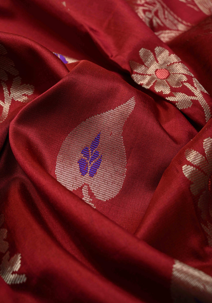 Maroon Uppada Handloom Silk Saree with Meenakari Buttas and Muted Tissue Zari Border | SILK MARK CERTIFIED