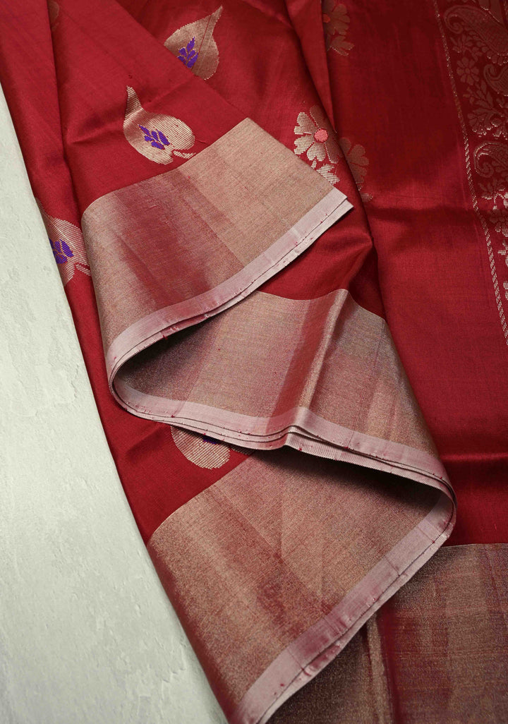 Maroon Uppada Handloom Silk Saree with Meenakari Buttas and Muted Tissue Zari Border| SILK MARK CERTIFIED
