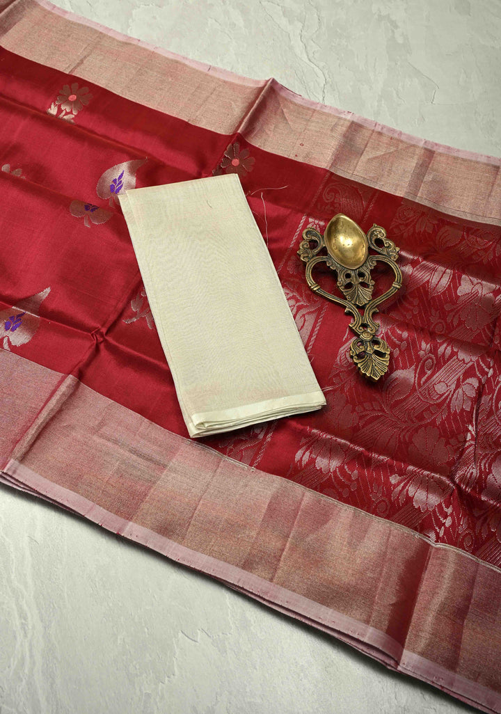 Maroon Uppada Handloom Silk Saree with Meenakari Buttas and Muted Tissue Zari Border | SILK MARK CERTIFIED
