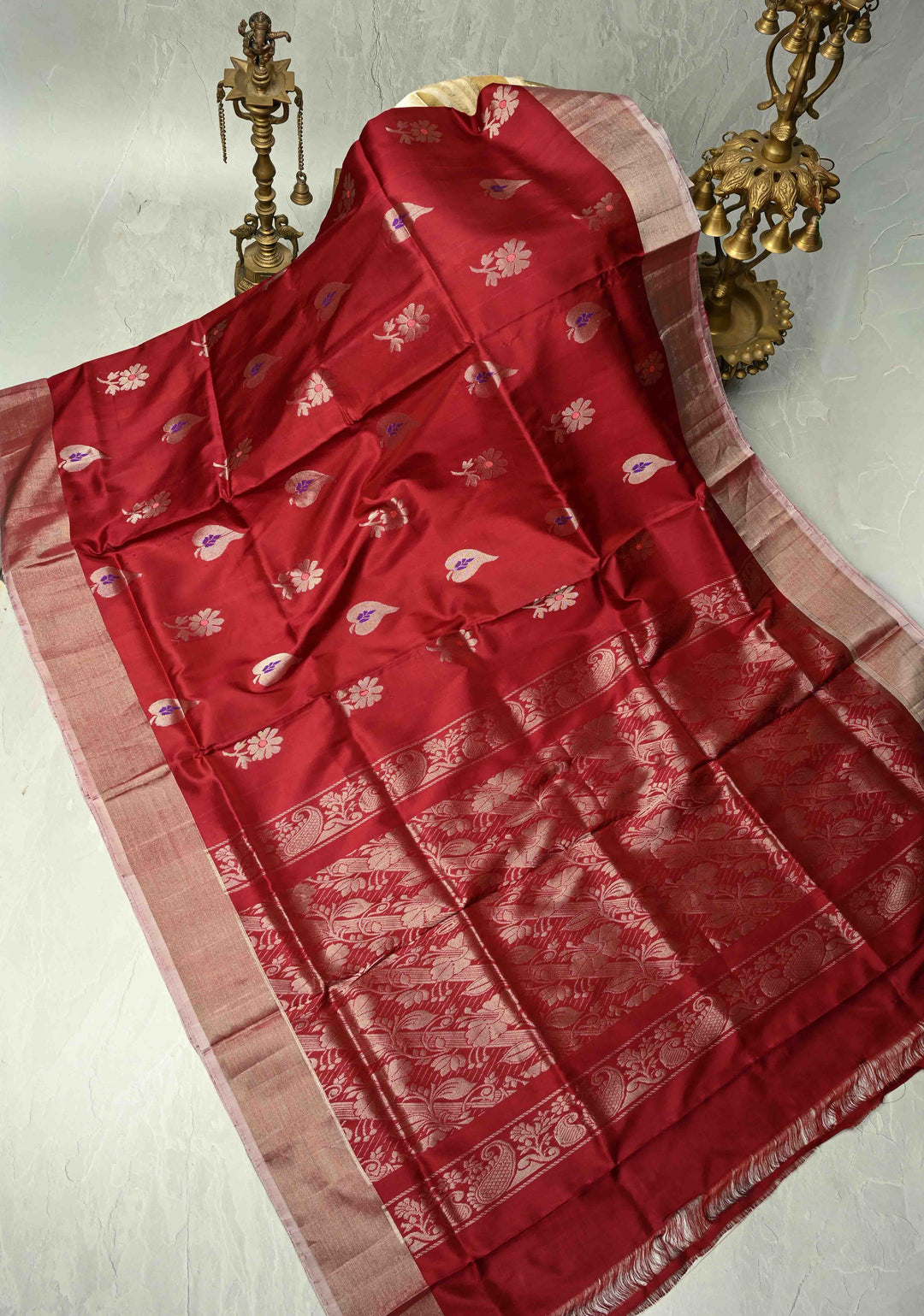 Maroon Uppada Handloom Silk Saree with Meenakari Buttas and Muted Tissue Zari Border | SILK MARK CERTIFIED