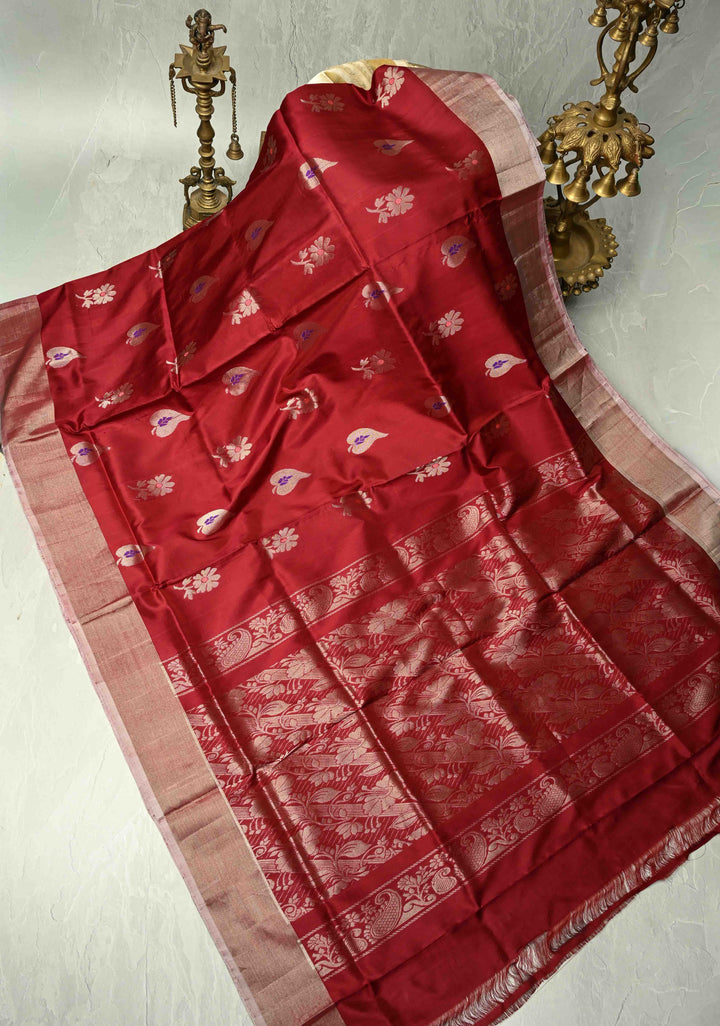 Maroon Uppada Handloom Silk Saree with Meenakari Buttas and Muted Tissue Zari Border | SILK MARK CERTIFIED