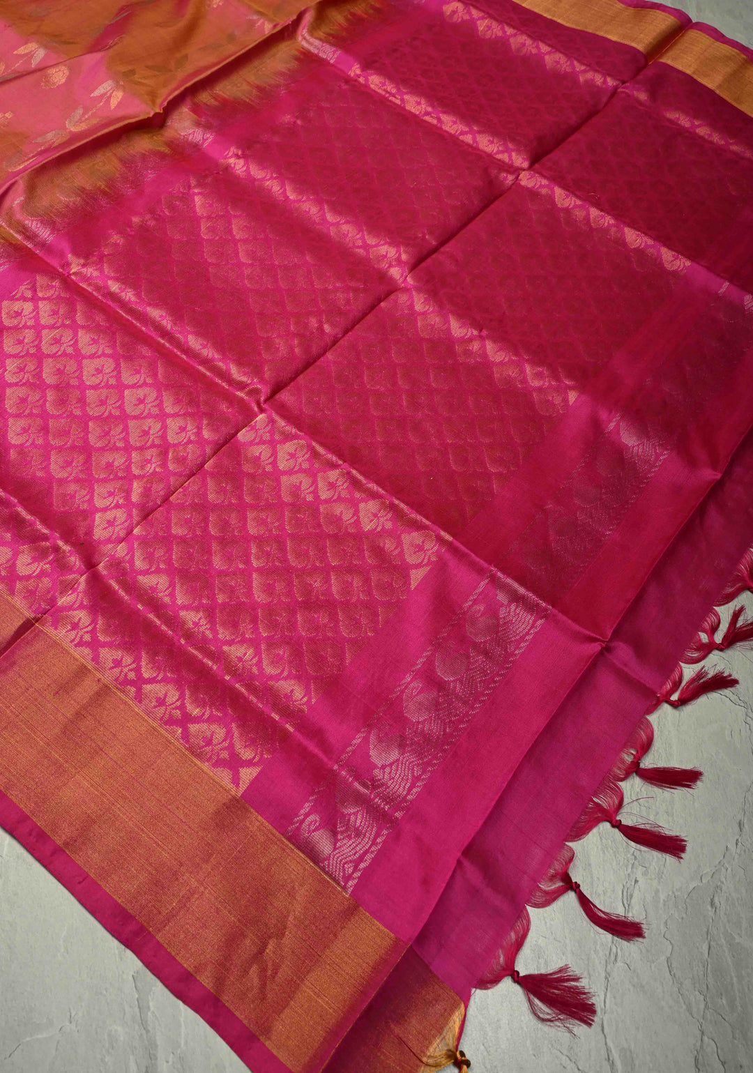 Dusty Pink Dual Tone Uppada Handloom Silk Saree with Gold Silver Stripes and Tissue Border | SILK MARK CERTIFIED