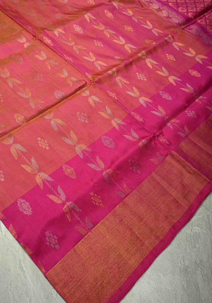 Dusty Pink Dual Tone Uppada Handloom Silk Saree with Gold Silver Stripes and Tissue Border | SILK MARK CERTIFIED