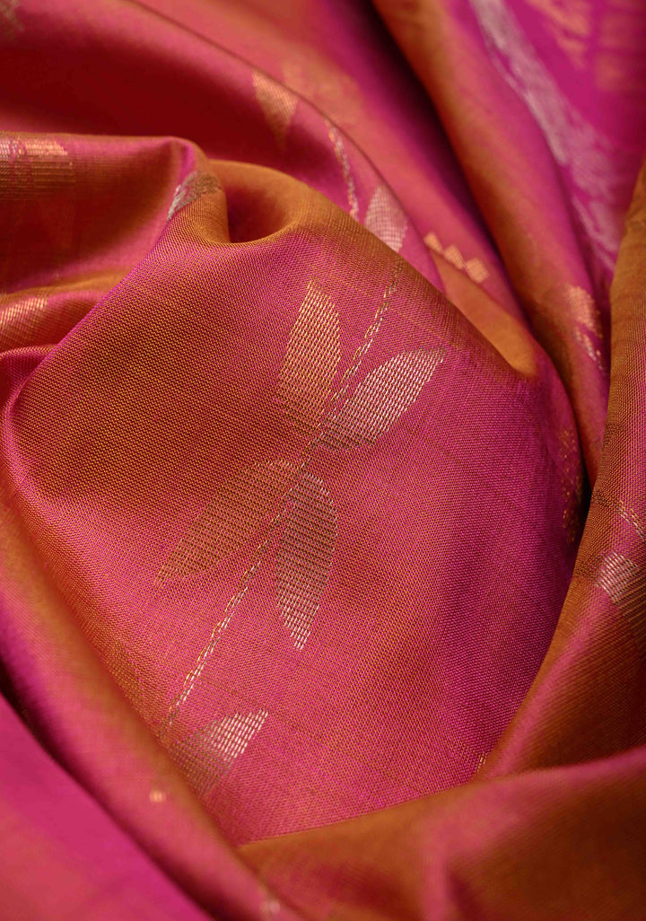 Dusty Pink Dual Tone Uppada Handloom Silk Saree with Gold Silver Stripes and Tissue Border | SILK MARK CERTIFIED