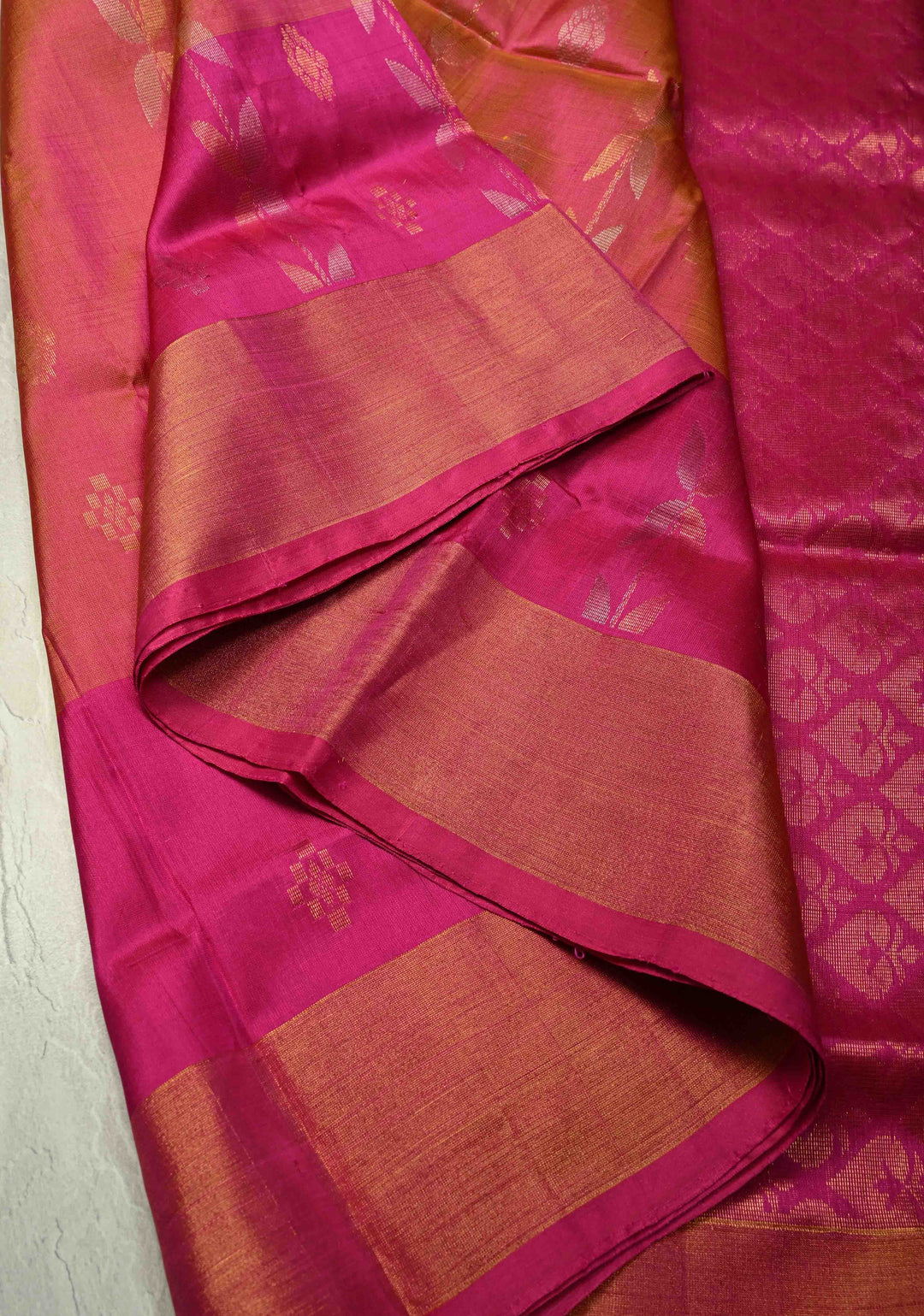 Dusty Pink Dual Tone Uppada Handloom Silk Saree with Gold Silver Stripes and Tissue Border | SILK MARK CERTIFIED