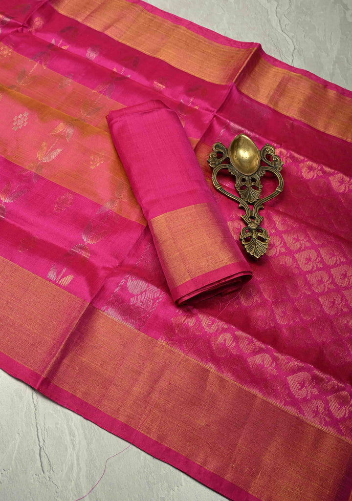 Dusty Pink Dual Tone Uppada Handloom Silk Saree with Gold Silver Stripes and Tissue Border | SILK MARK CERTIFIED