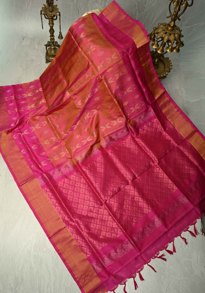 Dusty Pink Dual Tone Uppada Handloom Silk Saree with Gold Silver Stripes and Tissue Border | SILK MARK CERTIFIED