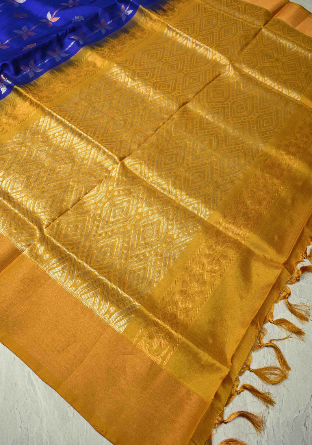 Royal Blue Uppada Handloom Silk Saree with Sona Rupa Floral Stripes And Zari Border | SILK MARK CERTIFIED