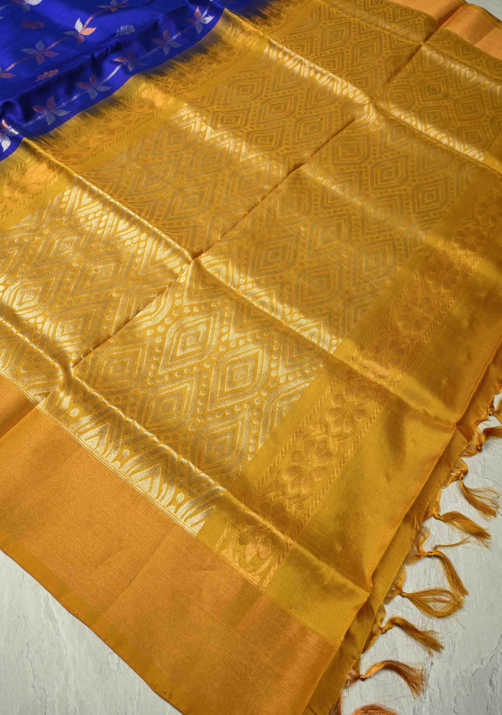 Royal Blue Uppada Handloom Silk Saree with Sona Rupa Floral Stripes And Zari Border | SILK MARK CERTIFIED