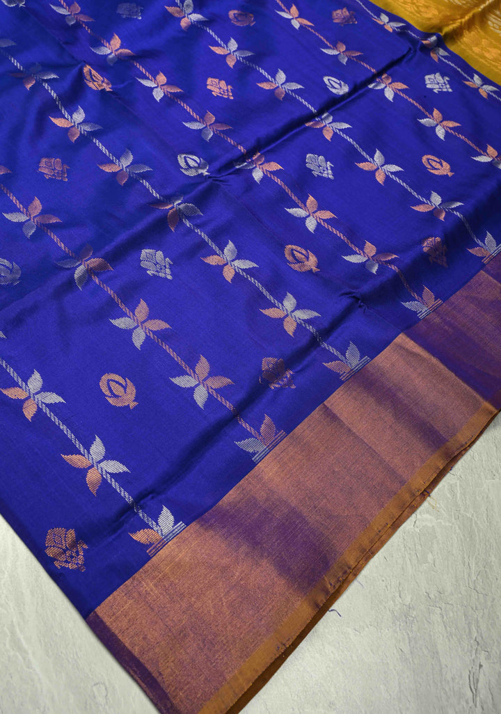 Royal Blue Uppada Handloom Silk Saree with Sona Rupa Floral Stripes And Zari Border | SILK MARK CERTIFIED