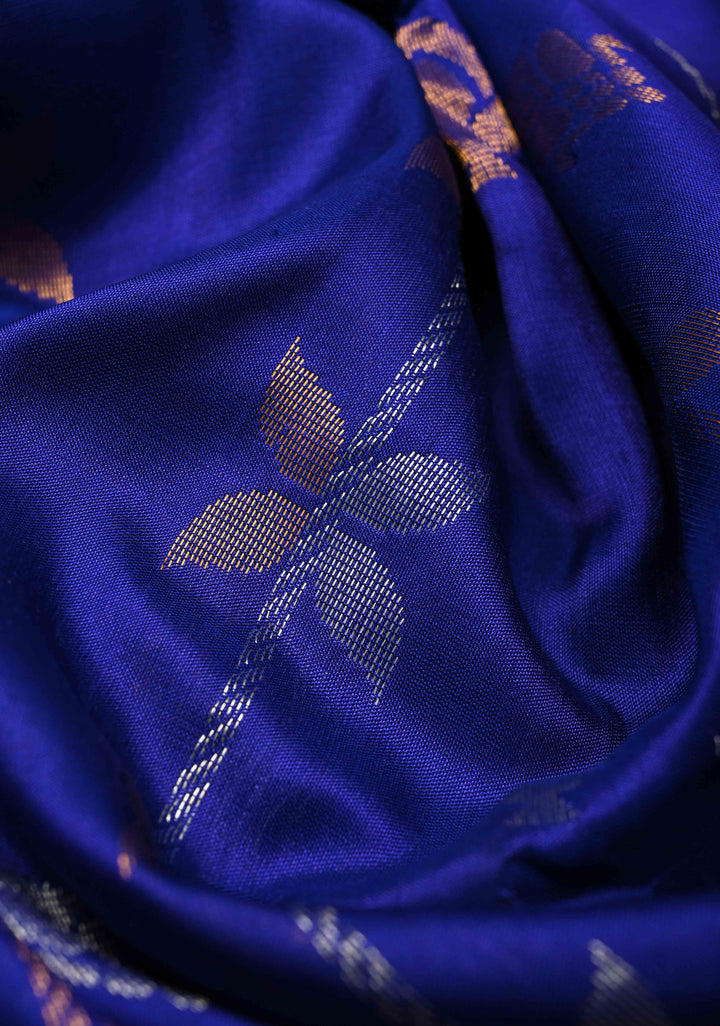 Royal Blue Uppada Handloom Silk Saree with Sona Rupa Floral Stripes And Zari Border | SILK MARK CERTIFIED