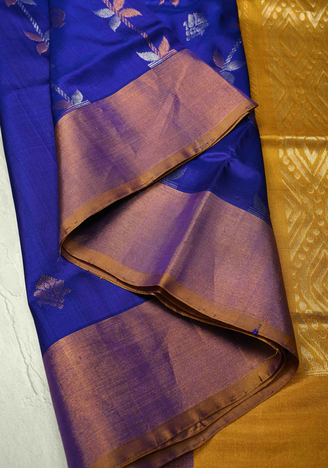 Royal Blue Uppada Handloom Silk Saree with Sona Rupa Floral Stripes And Zari Border | SILK MARK CERTIFIED