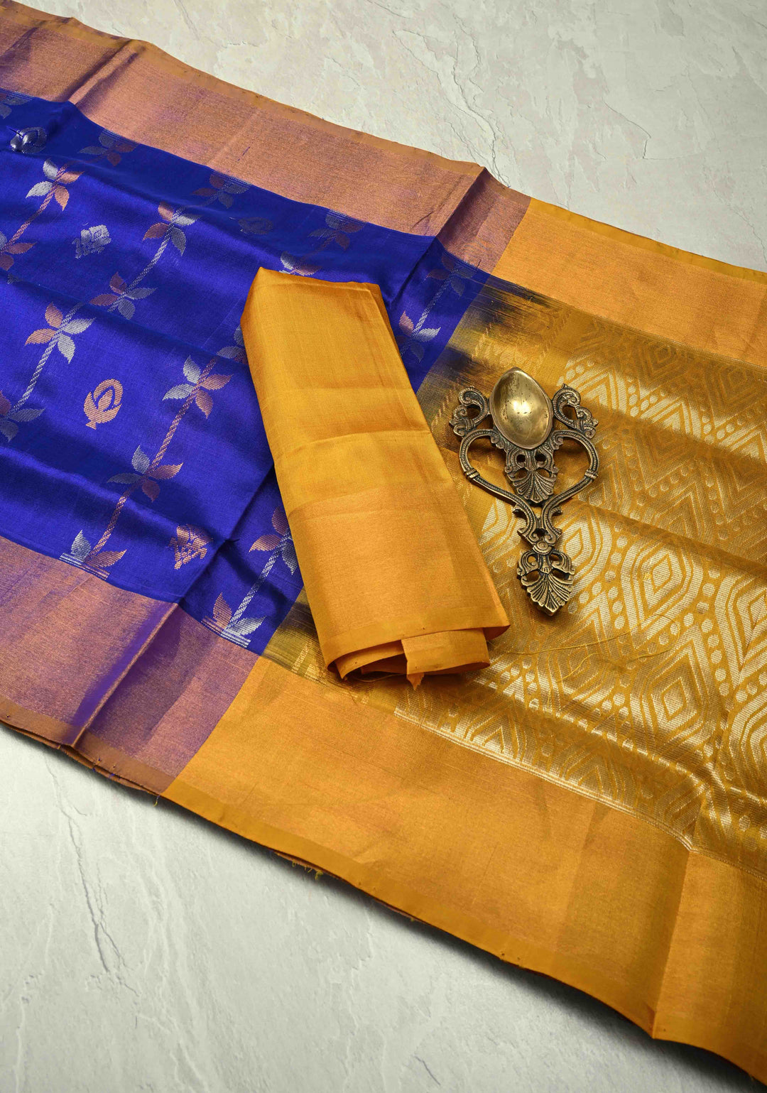 Royal Blue Uppada Handloom Silk Saree with Sona Rupa Floral Stripes And Zari Border | SILK MARK CERTIFIED