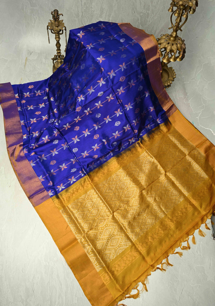 Royal Blue Uppada Handloom Silk Saree with Sona Rupa Floral Stripes And Zari Border | SILK MARK CERTIFIED