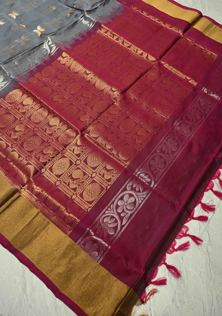 Uppada Handloom Silk Saree In Gray with Gold Silver Zari Stripes Buttas and Tissue Border | SILK MARK CERTIFIED