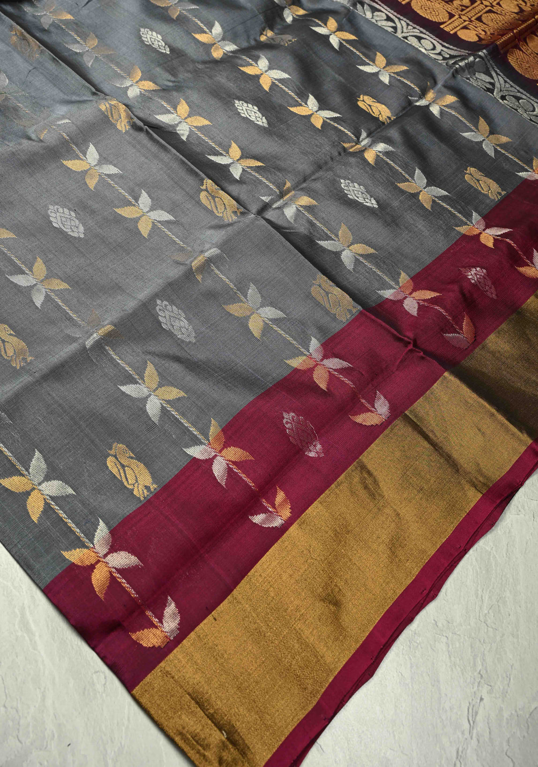 Uppada Handloom Silk Saree In Gray with Gold Silver Zari Stripes Buttas and Tissue Border | SILK MARK CERTIFIED