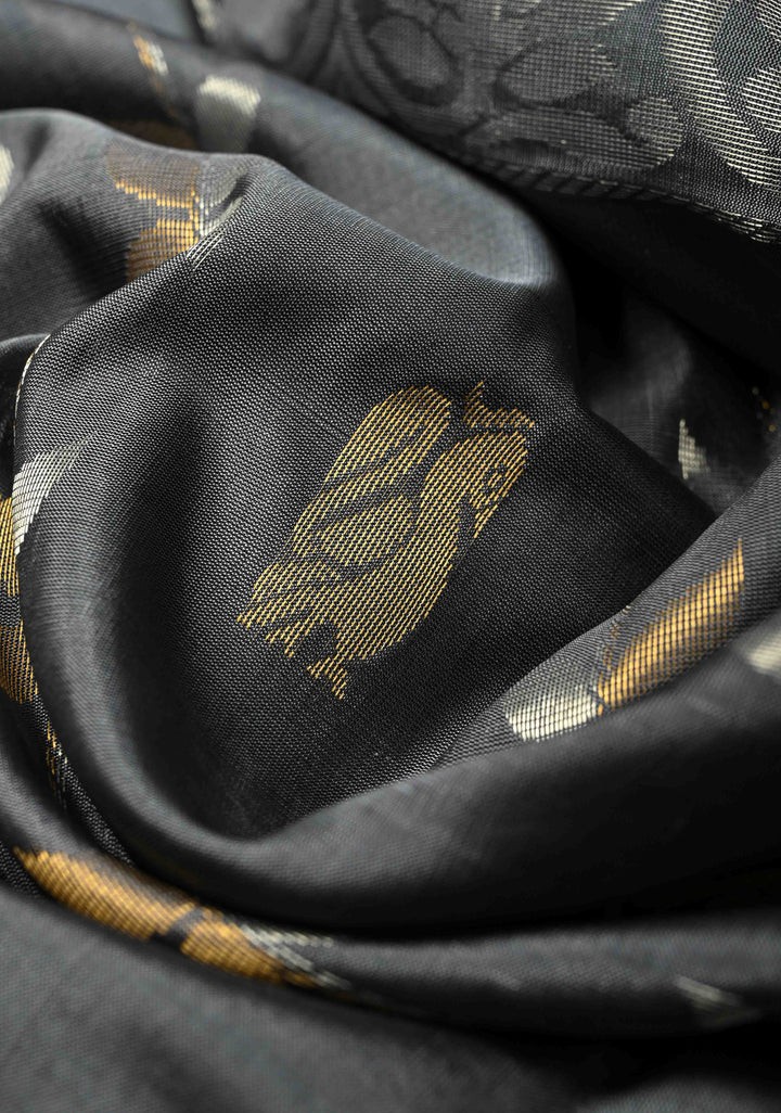 Uppada Handloom Silk Saree In Gray with Gold Silver Zari Stripes Buttas and Tissue Border | SILK MARK CERTIFIED