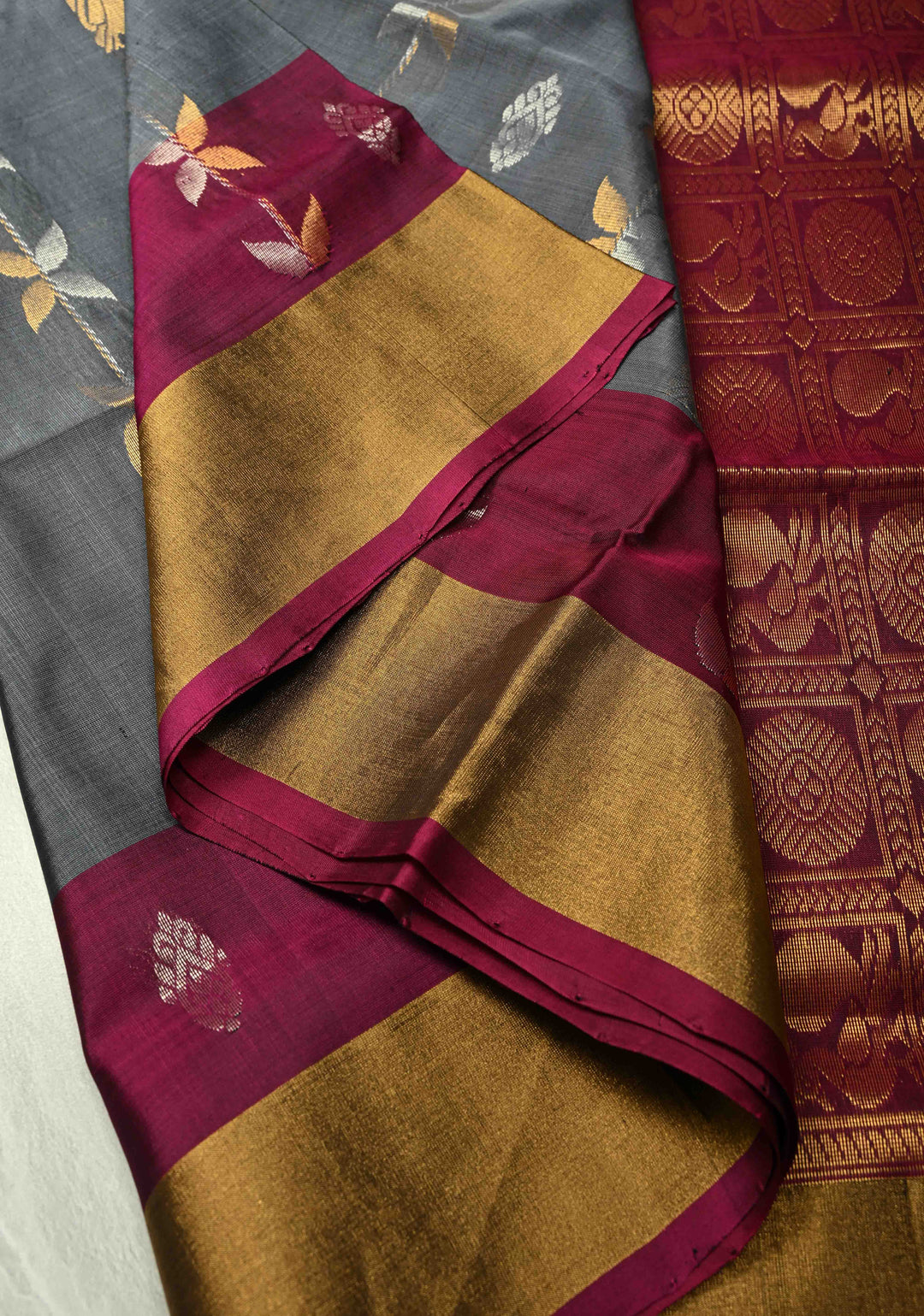 Uppada Handloom Silk Saree In Gray with Gold Silver Zari Stripes Buttas and Tissue Border | SILK MARK CERTIFIED