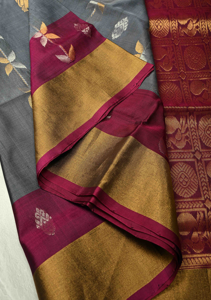 Uppada Handloom Silk Saree In Gray with Gold Silver Zari Stripes Buttas and Tissue Border | SILK MARK CERTIFIED