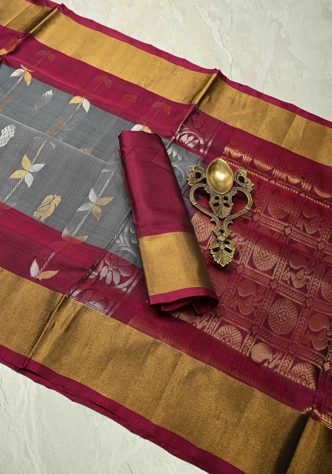 Uppada Handloom Silk Saree In Gray with Gold Silver Zari Stripes Buttas and Tissue Border | SILK MARK CERTIFIED