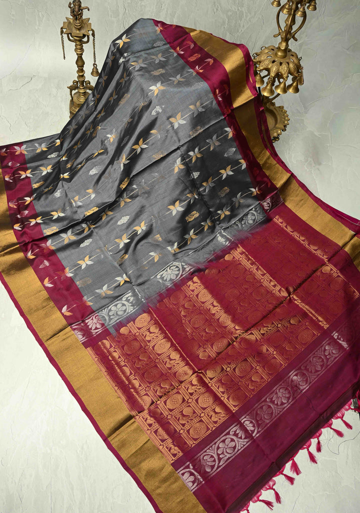 Uppada Handloom Silk Saree In Gray with Gold Silver Zari Stripes Buttas and Tissue Border | SILK MARK CERTIFIED