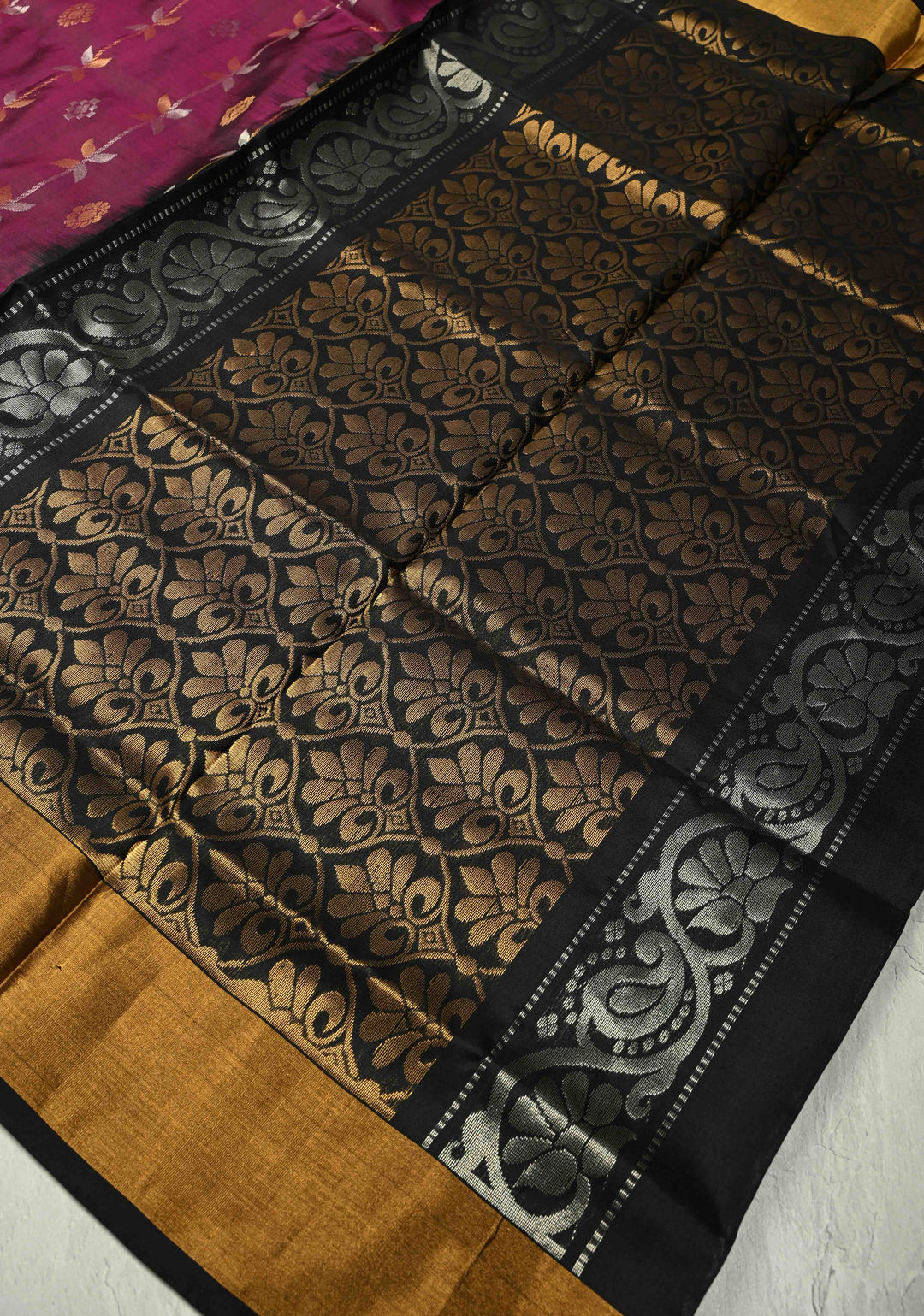 Magenta Sona Rupa Buttas-Stripes on Uppada Handloom Silk Saree with Black Panel and Tissue Zari Border| SILK MARK CERTIFIED