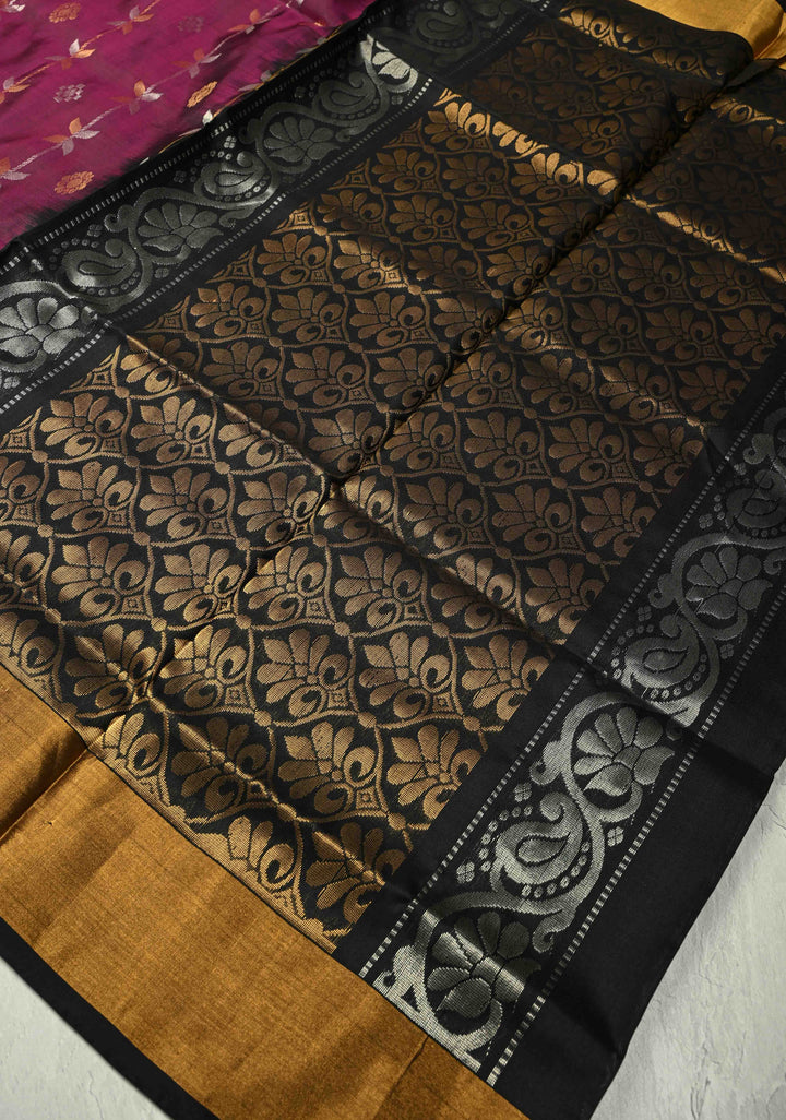 Magenta Sona Rupa Buttas-Stripes on Uppada Handloom Silk Saree with Black Panel and Tissue Zari Border| SILK MARK CERTIFIED