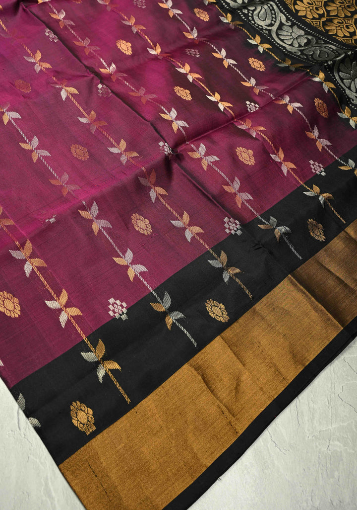 Magenta Sona Rupa Buttas-Stripes on Uppada Handloom Silk Saree with Black Panel and Tissue Zari Border| SILK MARK CERTIFIED