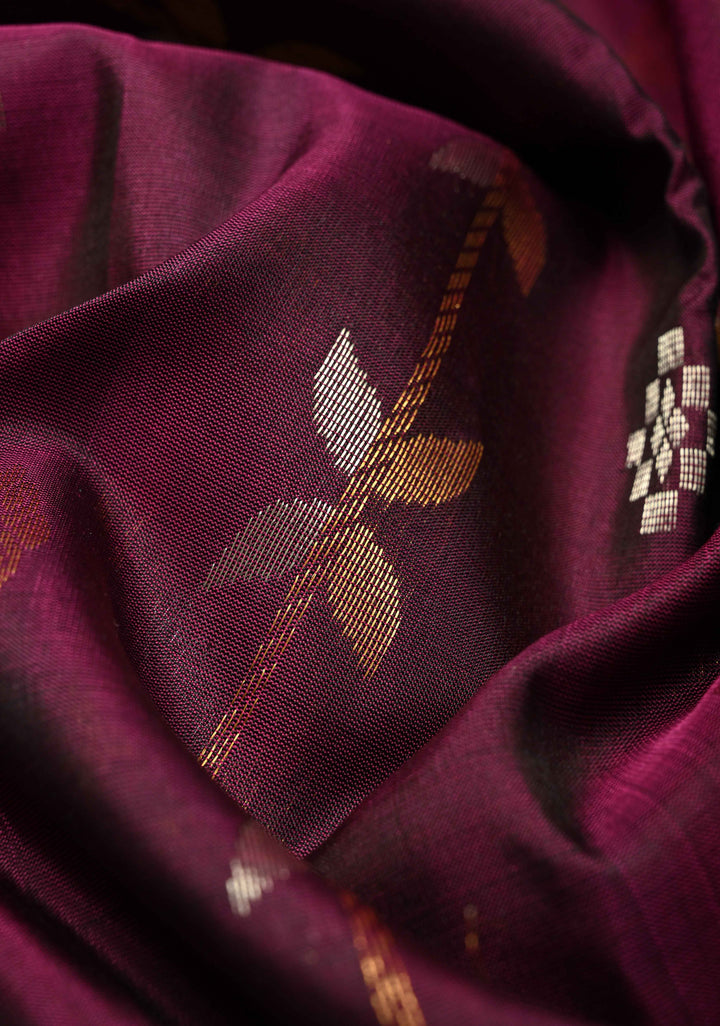 Magenta Sona Rupa Buttas-Stripes on Uppada Handloom Silk Saree with Black Panel and Tissue Zari Border| SILK MARK CERTIFIED